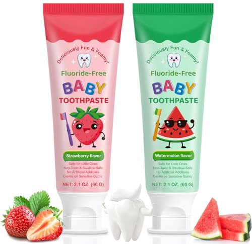 Dentifrica per Bambini Senza Fluor 60g | Gusto Fragola/Melone d'Acqua | Sicura da Ingerire | Dolce per Denti da Latte e Gengive Sensibili | Senza Aggiunti Artificiali