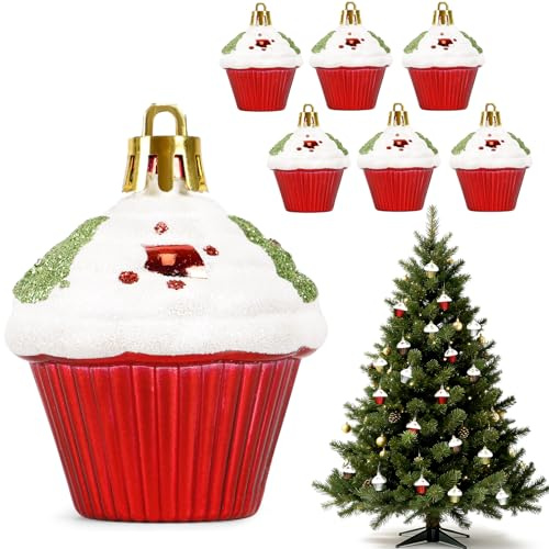 6 Stück Christbaumschmuck Cupcake Törtchen Set - Lustig Nachtisch Christbaumanhänger Kunststoff Weihnachtskugeln Baumkugeln als Weihnachtsdeko Weihnachtsbaum Baumkugel Deko Anhänger - Rot