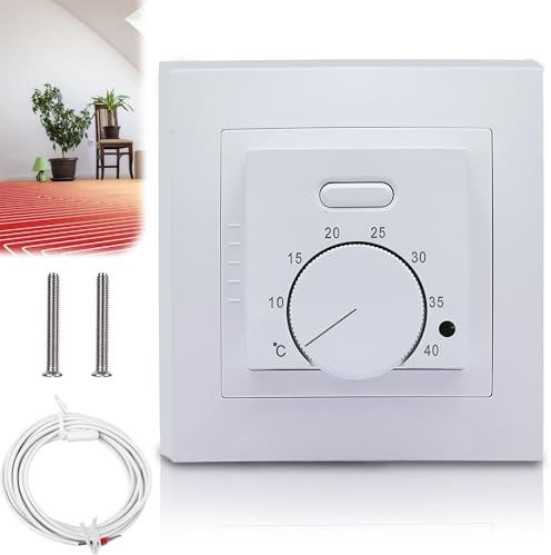 Thermostat Fussbodenheizung, 230V 16 A Unterputz Bodenheizung Thermostat, Mechanische Fußbodenheizung mit 3 Meter Bodenfühler, Temperatur Control Schalter für Raumheizung, Weiß