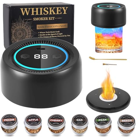Electric Whiskey Smoker Kit, Rechargeable Cocktail Smoker Kit with 6 Wood Chips, 3 colors ambient lights, Built in Lighter No Butane Needed, Old Fashioned Drink Smoke-r, Gifts For Men, Dad, Husband