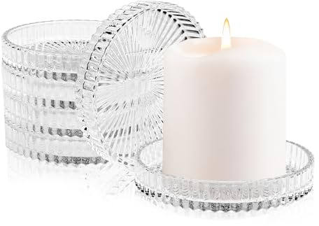 Diakey Glass Pillar Candle Holder Plate, Set of 6, 9cm Round Crystal Clear Candle Tray Dish Decorative Stand for Dinning Wedding Party Table Centerpiece Decor