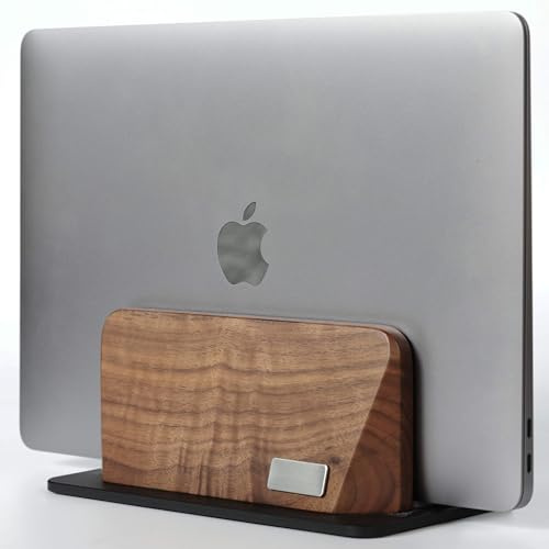 ALNYXAR Vertical Laptop Stand, Black Walnut Wood Laptop Holder Vertical for Desk - Heavy Black Aluminum Base | Adjustable Dock (8-38mm) Fits Most Laptops, MacBooks (Black)