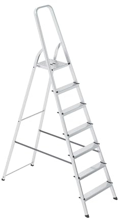 Bayersystem Aluminium-Stehleiter, 7-stufig, leicht, klappbar, tragbar, robust, breite Plattform, 150 kg Tragkraft, rutschfeste Füße, Mehrzweckleiter für Haushalt, Lager, Büro