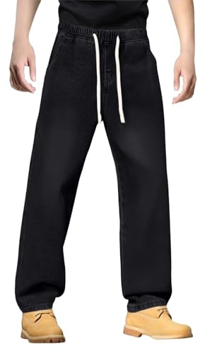 Generiska jeansbyxor för män normal passform: Denim byxor med dragsko jeans raka ben jeans långa tygbyxor andas slip-on byxor lätta fritidsbyxor klassiska utomhus stretchjeans för unisex, svart, L