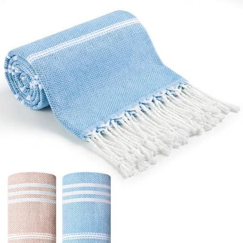 Nuenen 2 Serviettes de Plage Douces Draps de Plage Absorbants Serviette de Hammam Turque Grandes Serviettes de Bain Compactes Légères pour Adultes(90 x 180 cm,Bleu, Marron)