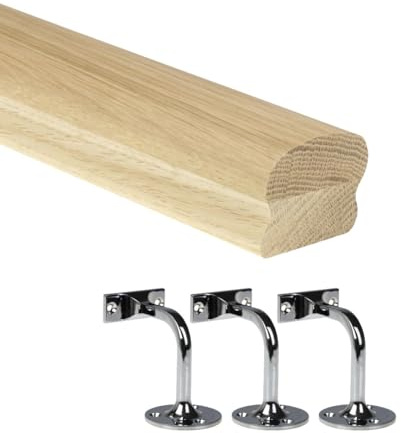 Jackson Woodturners Oak Cottage Loaf Handrail Kit 66x45mm Engineered Oak with Chrome Wall Brackets – Various Lengths 1800mm 2400mm 3600mm 4200mm (1800mm + 3 Wall Brackets)