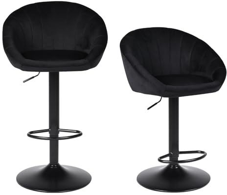 Ermnois Barhocker 2er Set, höhenverstellbarer, drehbarer Barhocker mit Rückenlehne, Armlehnen und Fußstütze, moderner Barhocker aus schwarzem Samt, geeignet für Bars, Restaurants und Cafés–Schwarz | Barhocker 2er Set Höhenverstellbarer drehbarer Barhocker Rückenlehne Armlehnen Fußstütze moderner Barhocker Samt Schwarz