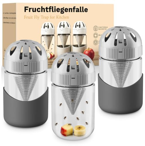 3 Stück Glas Fruchtfliegenfalle – Ausbruchssicher Deckel Obstfliegenfalle für Küche Wirkungsvoll Gegen Fliegenfalle Innenbereich loswerden Lebendfalle Fruchtfliegen Wiederverwendbar (Hellgrau)