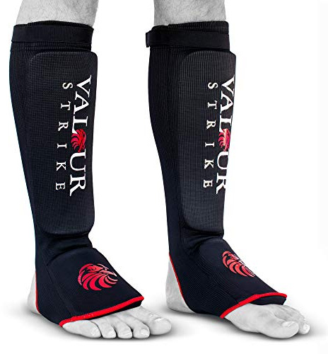 Valour Strike Shin Guards for Kickboxing Muay Thai MMA Karate Martial Arts Taekwondo or Kick Boxing | Sparring Sock Pads to Guard Leg Foot & Instep | Protective Equipment for MMA