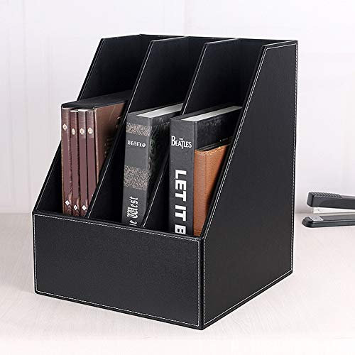 WJYLM Aktenregal, 3-Fach Briefsortierer aus Holz, Leder, Dokumentenablage, Schreibtischablage Organizer Papers Collection Cabinet,Schwarz