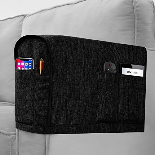 Joywell Linen Armrest Covers for Living Room Anti-Slip Sofa Arm Protector for Dogs, Cats, Pets Armchair Slipcover for Recliner with 4 Pockets for TV Remote Control, Phone, Set of 2, Black