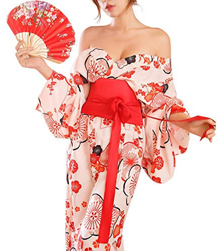 Abito da donna tradizionale giapponese Kimono rosa con stampa di fiori di pesca Yukata lungo con cintura Obi - - Large
