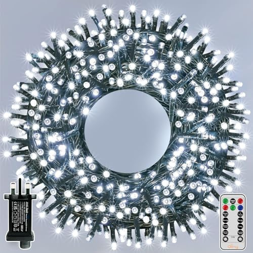 Ollny Christmas Tree Lights Outdoor, 20m 200 LED Fairy Lights Mains Powered, Cool White Waterproof String Light with Plug/Remote/Modes/Timer, Bright Lighting Outside Indoor Garden Xmas Decorations