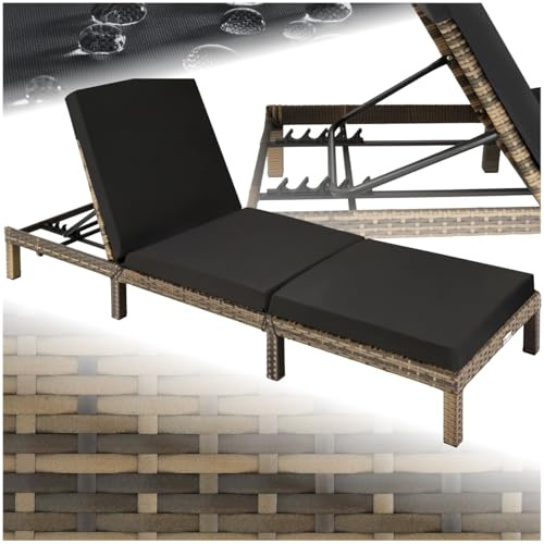 tectake® Tumbona Jardín Exterior de Ratán y Acero con Cojines, Tumbona de Piscina con Respaldo Regulable en 6 Posiciones, Tumbona de Playa Estable y Resistente a Intemperie, Fácil Limpieza - Natural