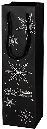 10x Wein Geschenktüte Weihnachten, für 1 Flasche, Streifenstruktur mit Sternmotiv, Schwarz & Silber