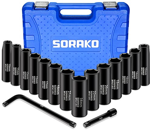 SORAKO Deep Impact Socket Set, 16PCS 1/2'' 10mm-24mm Square Drive Metric Socket Wrench Sets with Wrench L Handle, Extension Rod, Tool Kit for Home Car Repair Cool Gadgets for DIY (Black 1)