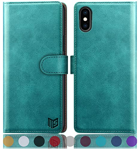 SUANPOT [RFID Schutz] für iPhone X/XS 5,8-Zoll hülle PU Leder handyhülle Lederhülle klapphülle Kartenfach Flip Phone Case Cover für iPhone X/XS handyhülle Blau Grün