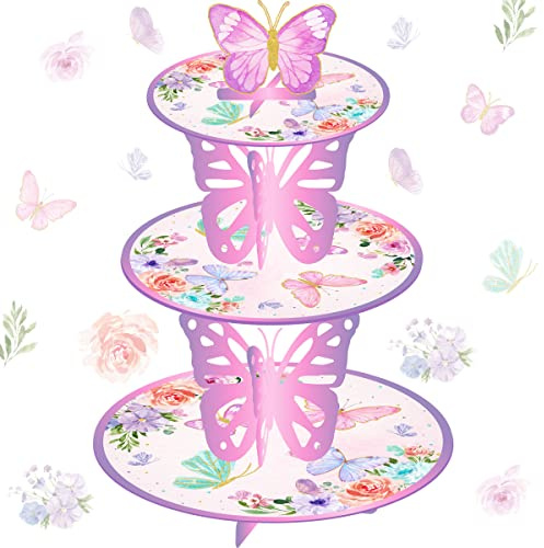 Schmetterling Party Cupcake Stand für Mädchen rosa 3-Tier-Kuchen Stand Baby Dusche Frühling Schmetterling Geburtstag Party Tabelle Kuchen Halter Dekorationen für Kinder Cupcake Steht
