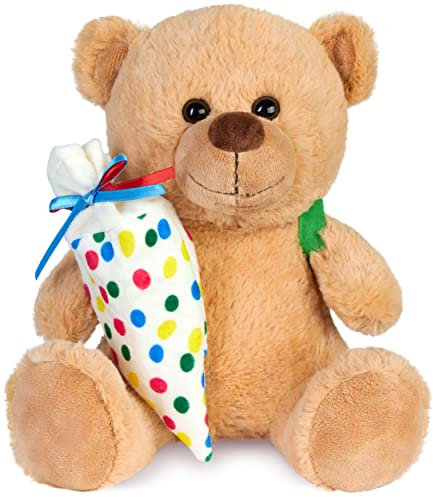 BRUBAKER Teddy Plüschbär mit Schulranzen und Schultüte zum Befüllen Bunt - 25 cm Teddybär für Einschulung Schulanfang Schule - Plüschteddy mit Rucksack - Kuscheltier Schmusetier Stofftier