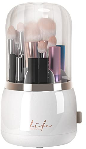 Veki 360 Grad drehbarer Kosmetik Make Up Organizer, Aufbewahrungsbehälter mit 6 Fächern für Kosmetikpinselhalter mit klarem Acryldeckel, geeignet für Waschräume, Badezimmer, Schminktische (Weiß)