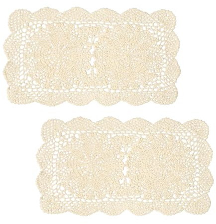Phantomon Lace Doilies Handmade Crochet Placemats Cotton Doilies Cloth Lace, Pack of 2, Rectangular Shape Table Runner, 10 x 17 inch (Beige)