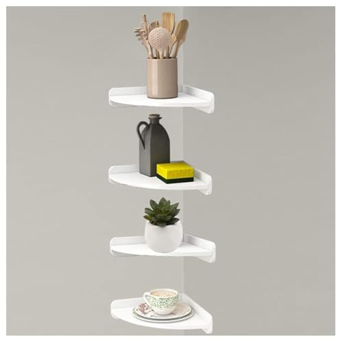 Étagère d'angle blanche à 4 niveaux - Étagère murale flottante sans perçage - Support d'angle pour cuisine, chambre à coucher, salon, salle de bain (L)