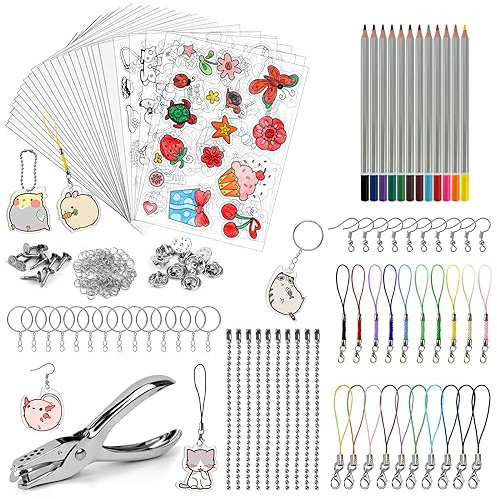 REAQUE Schrumpffolie Set Schlüsselanhänger, 238 Stück Schrumpffolien Set enthalten 25 Stück DIN A4 (20x29cm) Schrumpffolien Kunstdruckpapier, Locher, Karabinerverschlüsse und Ringe, Bleistifte