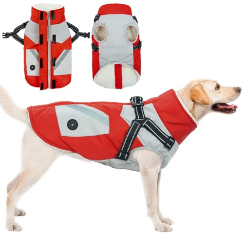 Hundemantel Wasserdicht mit Geschirr, Winterjacke Reflektierende Hund Jacke Warm Weste Hundekleidung Winddichte Mantel Fleece Hunde Rollkragenpullover mit Geschirr(Rot, L)
