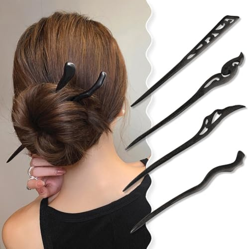 QUUPY 4 palillos de madera vintage para el pelo, color negro, 7 pulgadas, 4 unidades, forma de garra, estilo retro, accesorio para moño de pelo para mujer