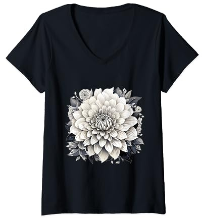 Femme Dahlia blanc sur fond noir T-Shirt avec Col en V