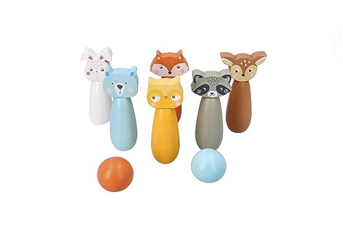 adam toys Kegelspiel für Kinder, 6 Kegel, 2 Bälle - Bowling-Set für Kinder, Waldtier-Figuren - Bemaltes Holz - Spielzeug ab 3 Jahre - Outdoor, Indoor - Kinderball, Geburtstag, Geschenk