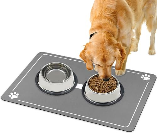 Dricar Napfunterlage für Hund Katzen, Neues-Upgrade Futtermatte Hunde mit Hundepfotenabdruck, wasserdichte rutschfeste Kieselgur Hundenapf Futternapf, 40 x 60cm (Gris Clair A, 40 x 60cm)