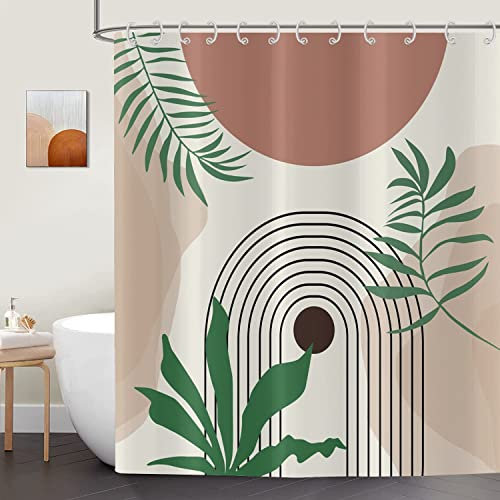 ASDCXZ Boho Duschvorhang Boho Kunst Sonne Blätter Linien Abstrakt Moderne Beige Bad Duschvorhänge Waschbar Polyester Textil Wasserdicht braun Duschrollo für Badewanne mit 8 Haken, 120x200 cm (BxL)