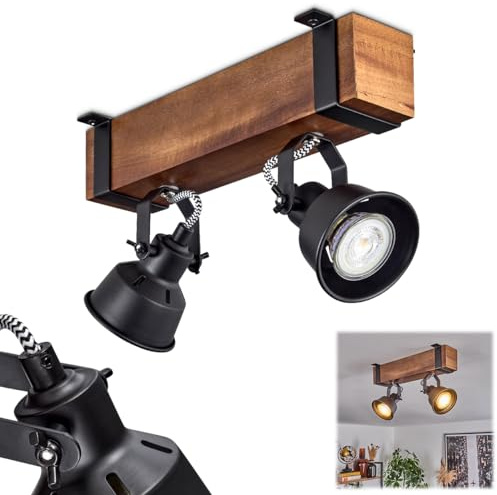 HOFSTEIN Deckenleuchte Safari, verstellbare Deckenlampe aus Metall/Holz in Schwarz/Natur, Leuchte im Industrial/Retro/Vintage-Design, Holzbalken, 2 x GU10, Wohnzimmer, Esszimmer, Schlafzimmer, Küche