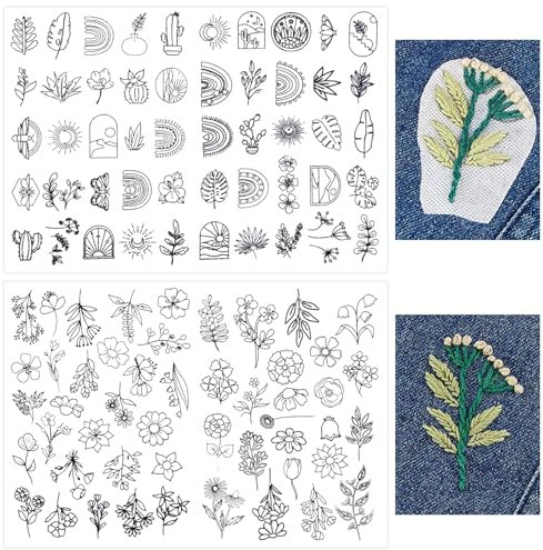 UTMACH 100 Stück Stickvorlagen Wasserlöslich Stickvlies Selbstklebend Handsticken Stickvorlagen Blumen Wasserlöslicher Stabilisator zum Abwaschen für Anfänger Stickereien Handnähen(2 Blatt)