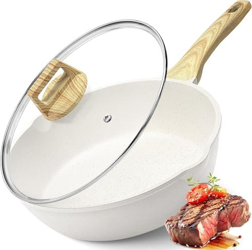 GiPP Padella antiaderente padella in granito da 4,3 l con coperchio, beccuccio e manico raffreddato, padella antiaderente non tossica, pentola per induzione, senza PFOA (bianco, 28cm)