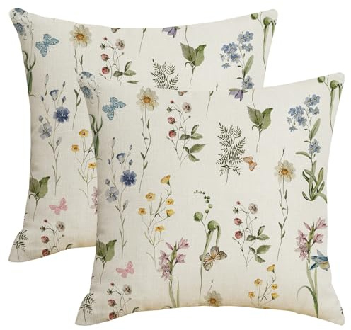 FJWMZ Spring Summer Floral Pillow Covers 16x16 Inch Sage Green Wildflower Herbs Leaf Throw Pillows Cover Set of 2 Outdoor Farmhouse Plant Linen Decorative Square Pillowcase for Couch Bed Sofa Decor