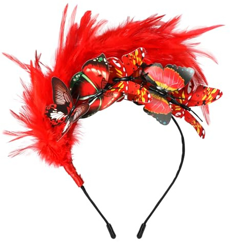 MWOOT Feder Schmetterling Haarschmuck Haarreif, 1920er Fascinator Kopfschmuck für Damen, Rot Feder 20er Jahre Stirnband mit Schmetterling für Karneval Cocktail Hochzeit Tee-Party Accessoires