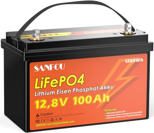 SANFOU Batería LiFePO4 12,8V 100Ah, Batería Litio 1280Wh, Baterías de Ciclo Profundo 5000-15000 veces, Perfecta como fuente de energía para Autocaravanas y Camping