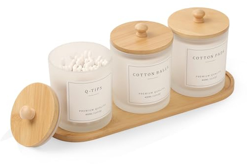 3 Pack Qtip Holder - Bathroom Organizers and Storage, Cotton Round Holder Cotton Swab Dispenser Cotton Ball Holder with Tray, Glass Apothecary Jars with Lids, Bathroom Containers for Floss Pick