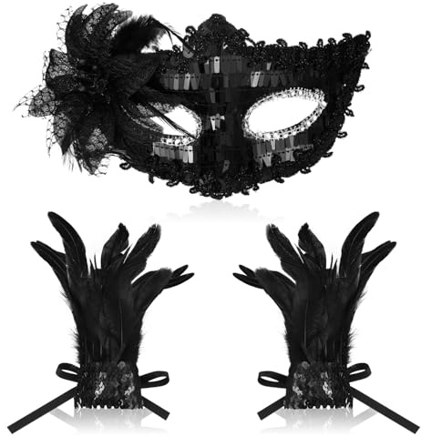 SATINIOR Maskerade Maske und Gotischen Feder Manschetten Venezianischen Pailletten Party Maske für Frauen Halloween Rollenspiel Kostüm Karneval Maskenball
