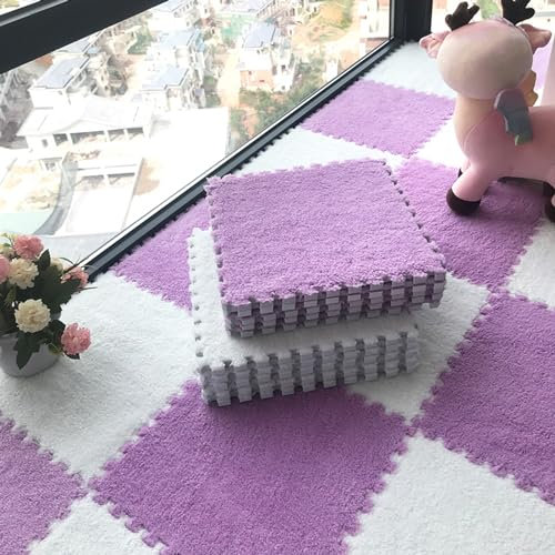 XAoSCd Weiche Puzzle-Spielmatte, 48 Ineinander Greifende Schaumstoffmatten, 0,6 Und 1 cm Dick, Weiche Yoga-Übungsmatte, Teppichfliesen Für Garage, Spielzimmer (Weiß + Lila 0,23 Zoll)
