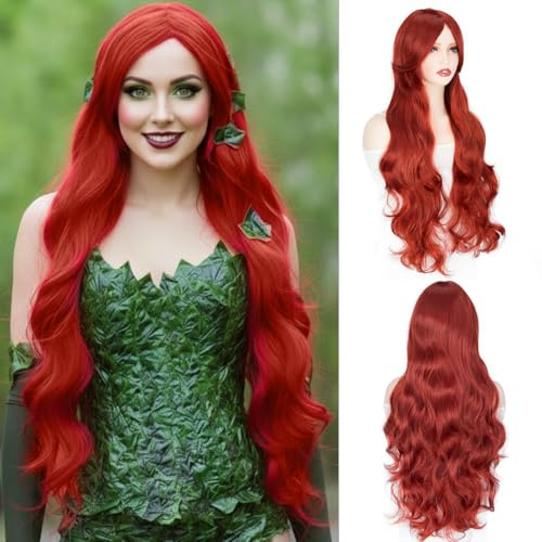 PARXITN Hårperuker för kvinnor 80 cm lång lockig röd syntetisk peruk justerbar medium del anime peruker för cosplay party daglig användning