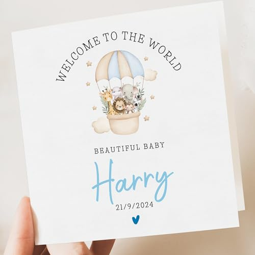 Artsy Gift Co - Personalised Baby Boy Card – Custom Newborn Baby Greeting Card with Name & Birth Date – Adorable Teddy Bear Design – Perfect for New Parents, Grandparents Welcome to the World