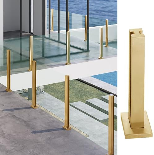 SnamicE Glasgeländerpfosten Kommerzieller Glasgeländerpfosten Gold, Moderne Topless-Terrassenzaunbeschläge mit Basisabdeckung und Bolzen, Außenglasgeländersystem, Gold-,Gold-Mid Post-110cm(43 1/4)
