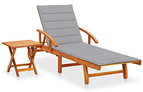 Annlera Sonnenliege Relaxliege aus Holz mit Tisch und Grau Auflage Liegestuhl Gartenmöbel Klappbare Liegenauflage für Garten Terrasse oder Balkon Ergonomischen Designs 200x67x85 cm