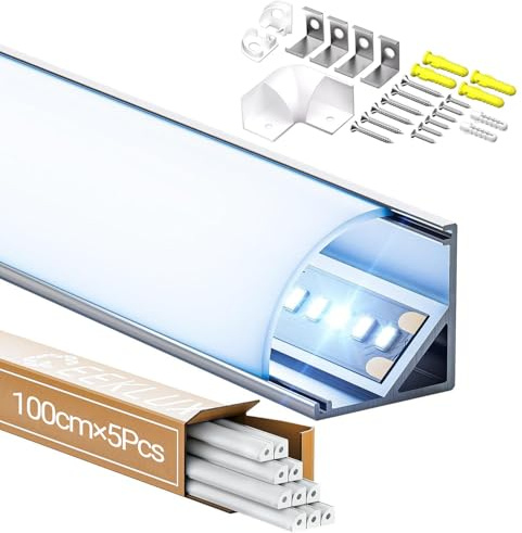 GEEKLUX LED Eckprofil 5 × 2M, Led Profil für Den Innenbereich 15.8 × 15.8mm, Aluminium Profil V-Form, Mit Milchig Weißem Diffusor, Led Kanal für LED Streifen,Strips Bis 10mm