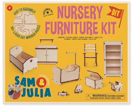 Sam & Julia - Bausatz Babyzimmer – Puppen-Möbel 1/12 für Puppenhaus oder Puppenstube zum selber basteln – Bastel-Set mit: Babybett, Wiege, Wickeltisch, Garderobe, Schaukelstuh