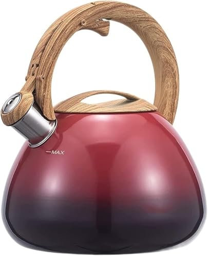 Bouilloire sifflante en acier inoxydable 304, bouilloire de 2,5 L, résistante à la chaleur, poignée en bois, cuisinières à induction au gaz (rouge dégradé)