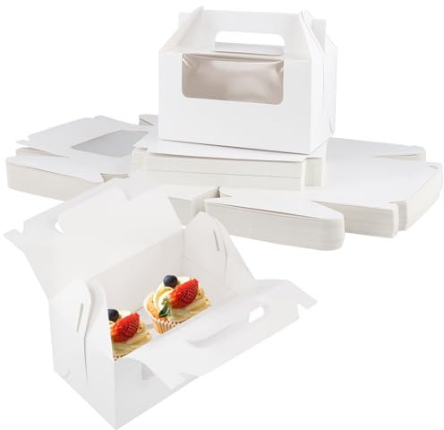 UNGFEI 60 PCS White Cupcake Boxes, 2 Holes Portable Cupcake Box with Handle, Insert, Window for Small Cake, Cupcake, Cookies, 16 x 9 x 9cm